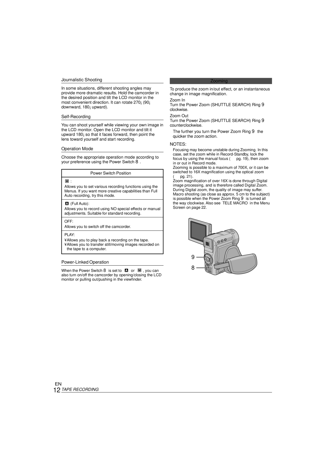 JVC GR-DX35 manual Journalistic Shooting, Self-Recording, Operation Mode, Power-Linked Operation, Zooming 