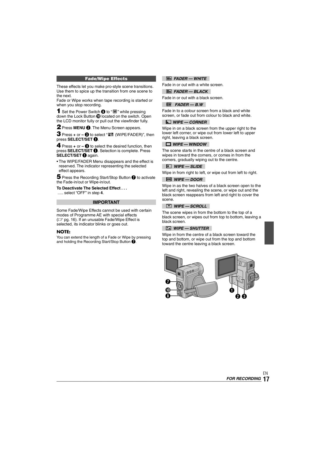 JVC GR-DX35 manual Fade/Wipe Effects 