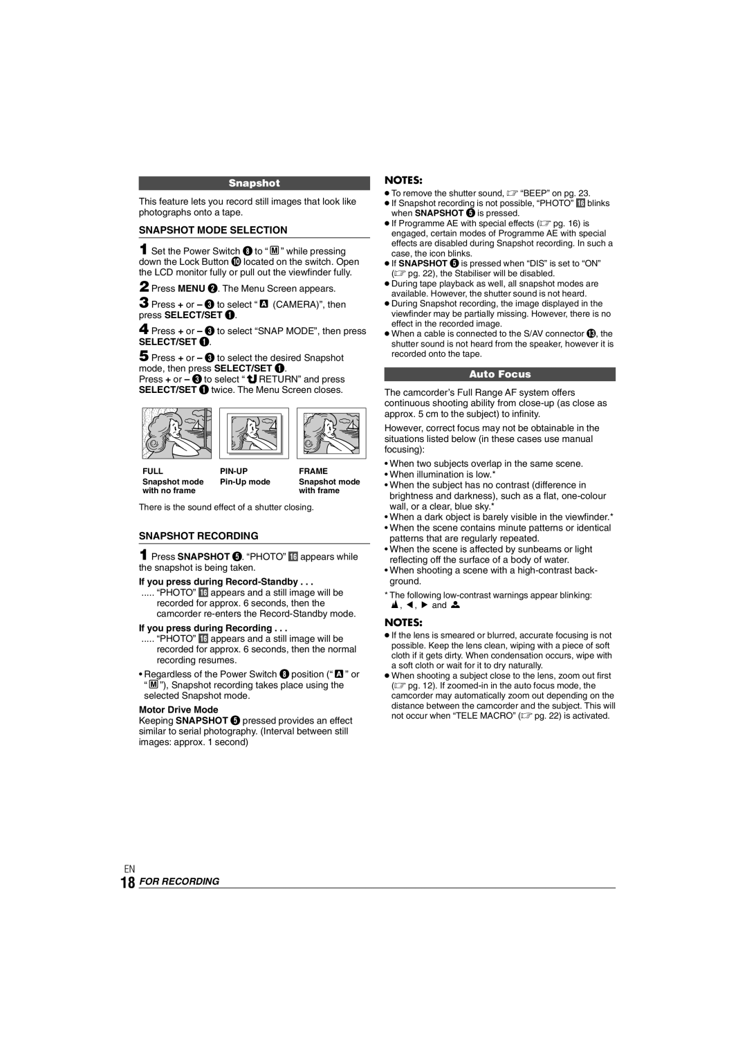 JVC GR-DX35 manual Snapshot Mode Selection, Auto Focus, Snapshot Recording 