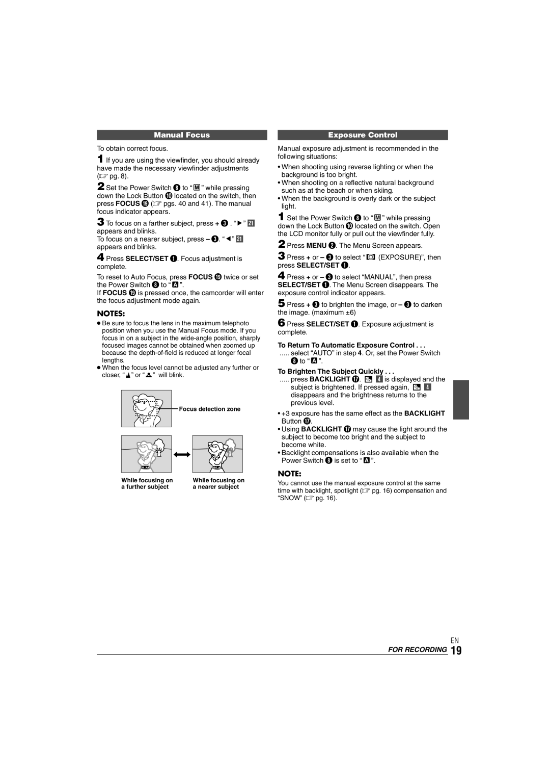 JVC GR-DX35 manual Manual Focus, Exposure Control, Press + or 3 to select EXPOSURE, then press SELECT/SET 