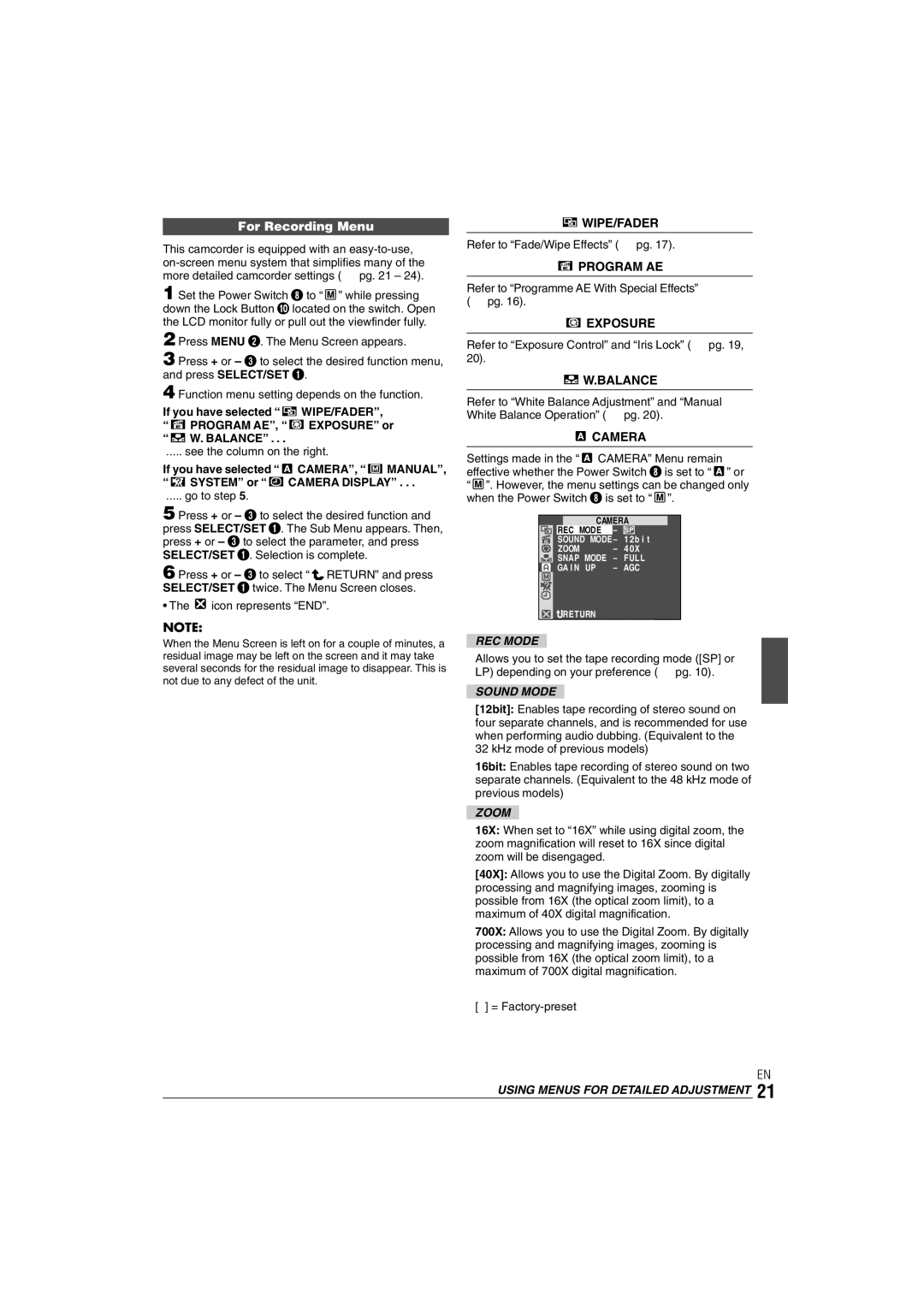 JVC GR-DX35 manual Wipe/Fader, Program AE, Exposure, Balance, Camera 