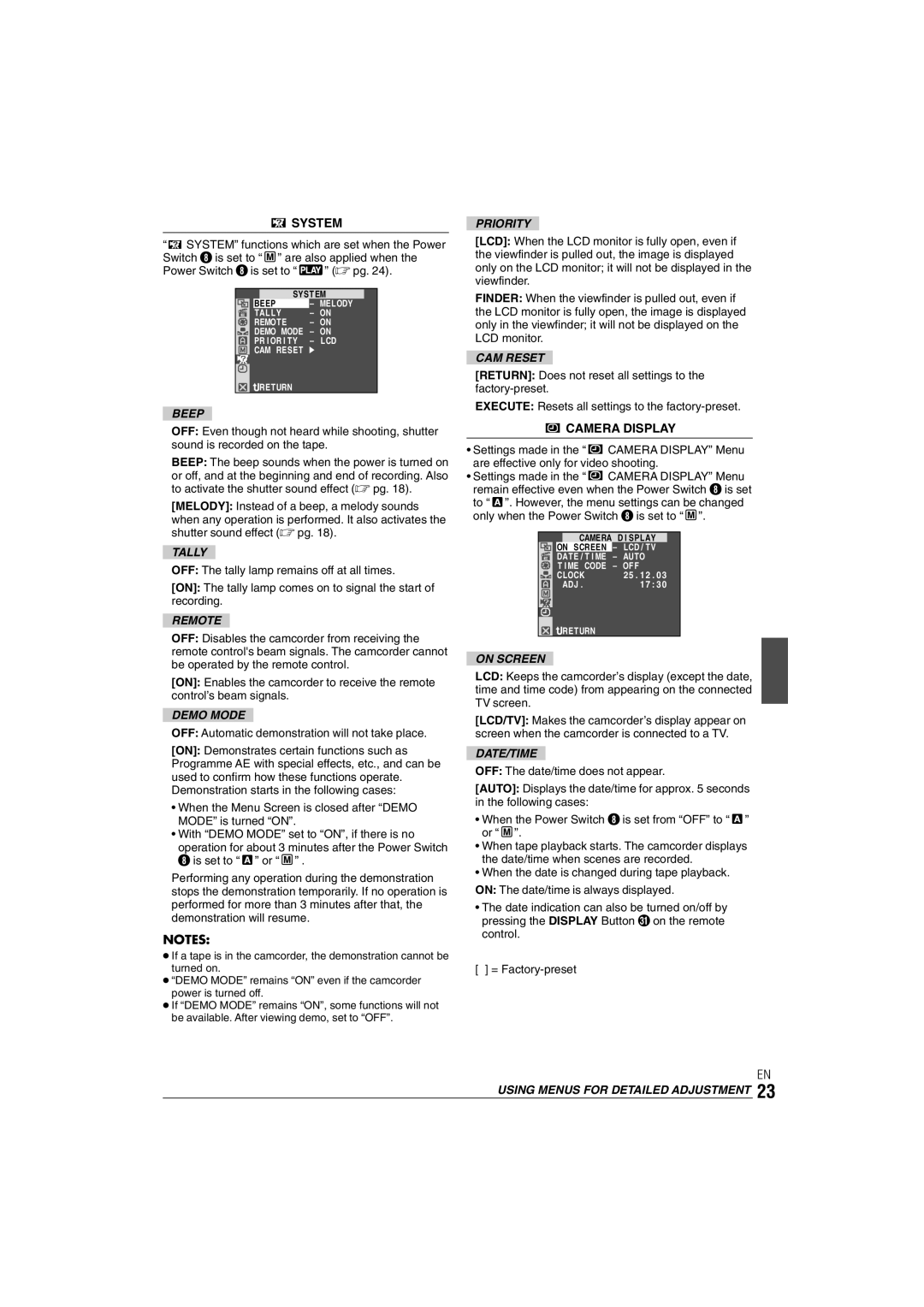 JVC GR-DX35 manual System, Camera Display 