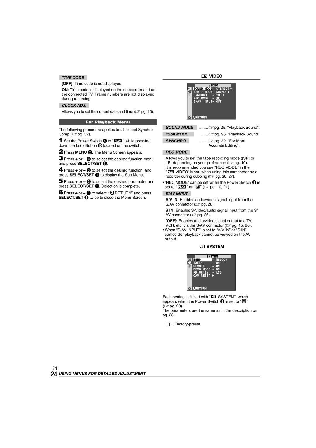 JVC GR-DX35 manual For Playback Menu, Video 