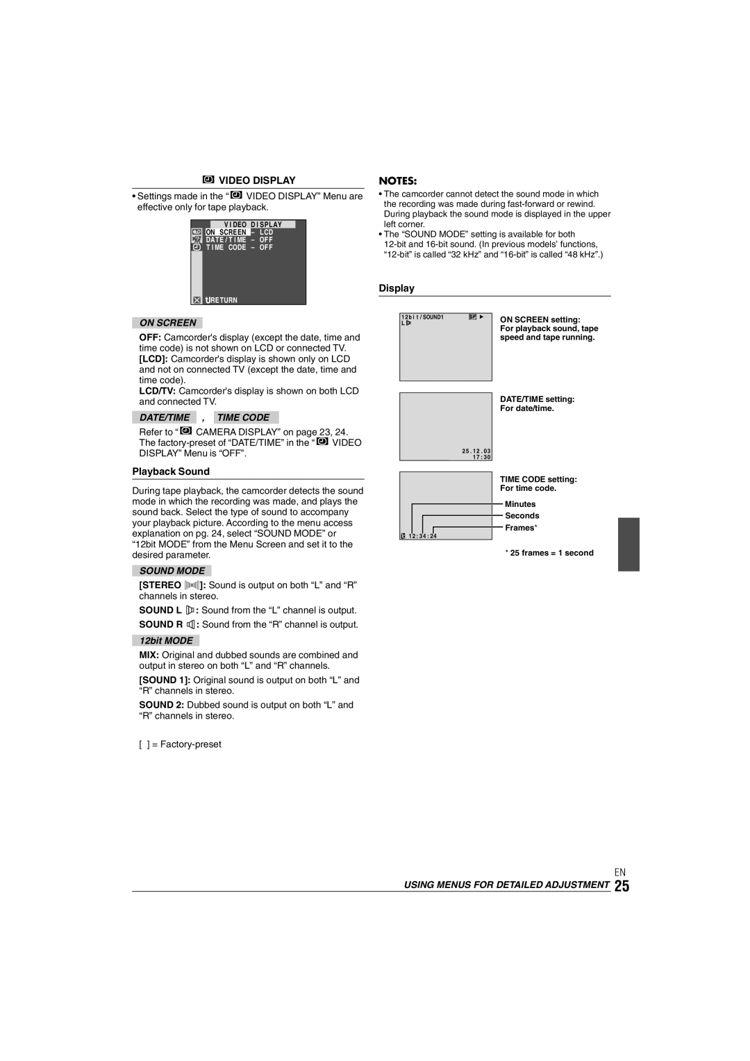 JVC GR-DX35 manual Video Display, Playback Sound, DATE/TIME , Time Code 