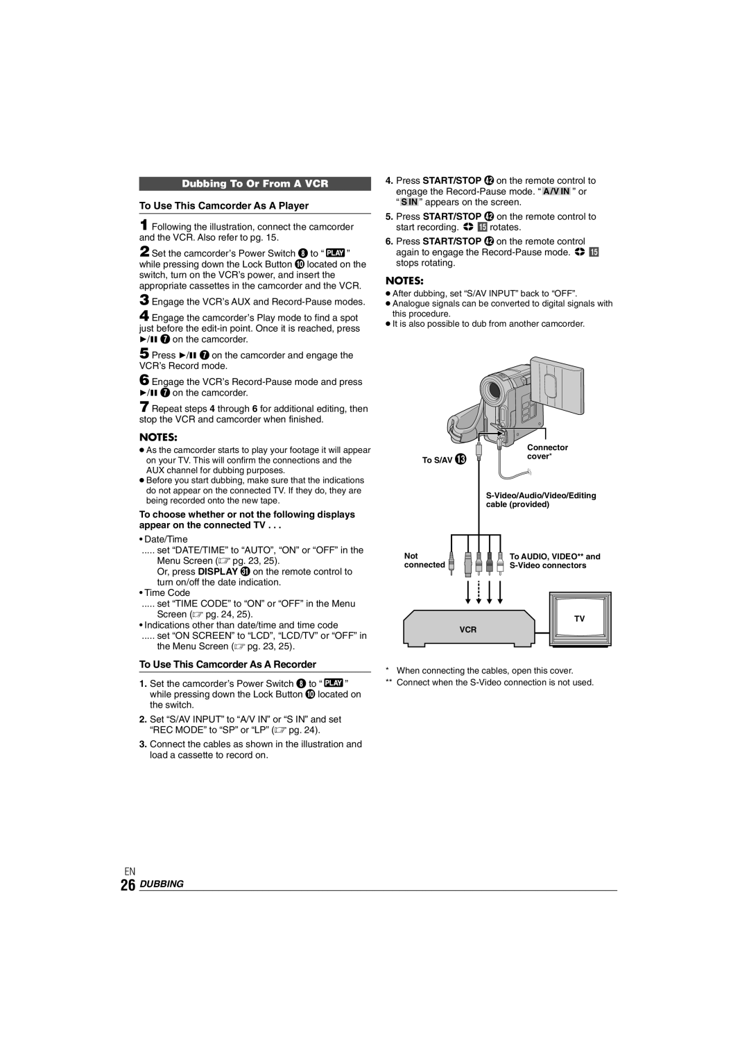 JVC GR-DX35 manual Dubbing To Or From a VCR, To Use This Camcorder As a Player, To Use This Camcorder As a Recorder 