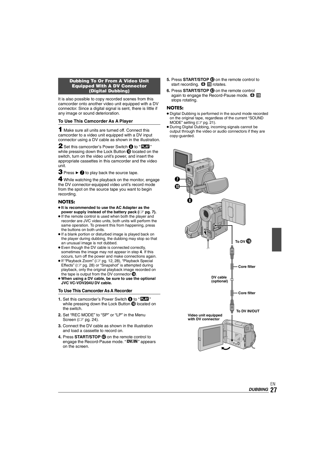 JVC GR-DX35 manual To DV Core filter DV cable optional To DV IN/OUT 