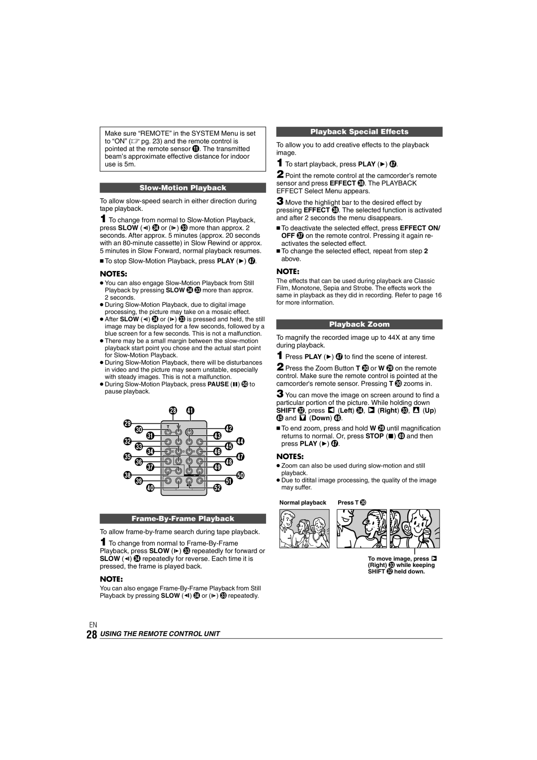 JVC GR-DX35 manual Slow-Motion Playback, Playback Special Effects, Playback Zoom, Frame-By-Frame Playback 