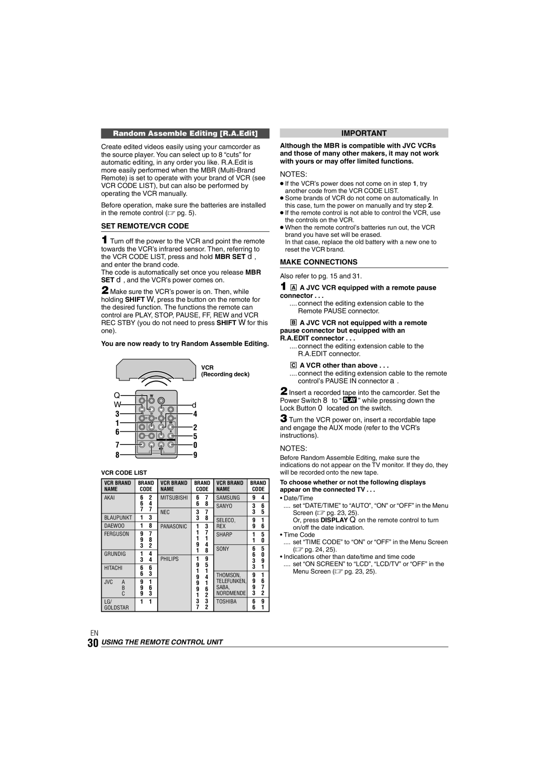 JVC GR-DX35 manual Random Assemble Editing R.A.Edit, SET REMOTE/VCR Code, Make Connections 