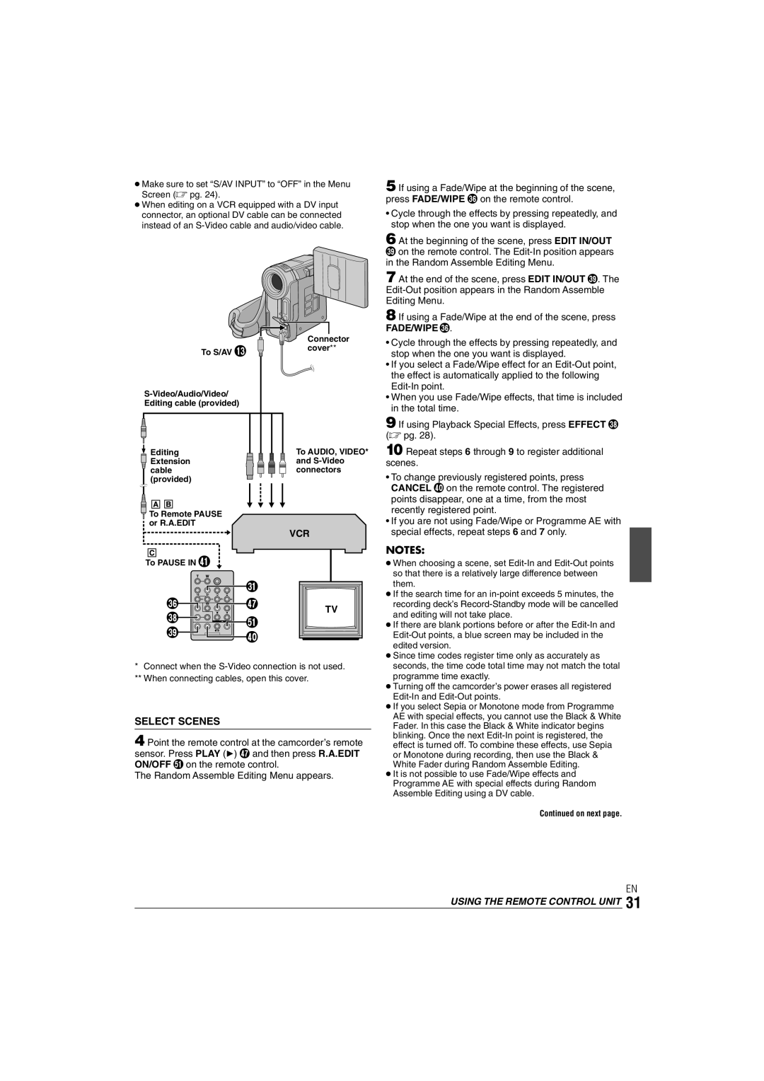 JVC GR-DX35 manual Select Scenes, To S/AV #, Editing Extension cable provided, To Pause in a 