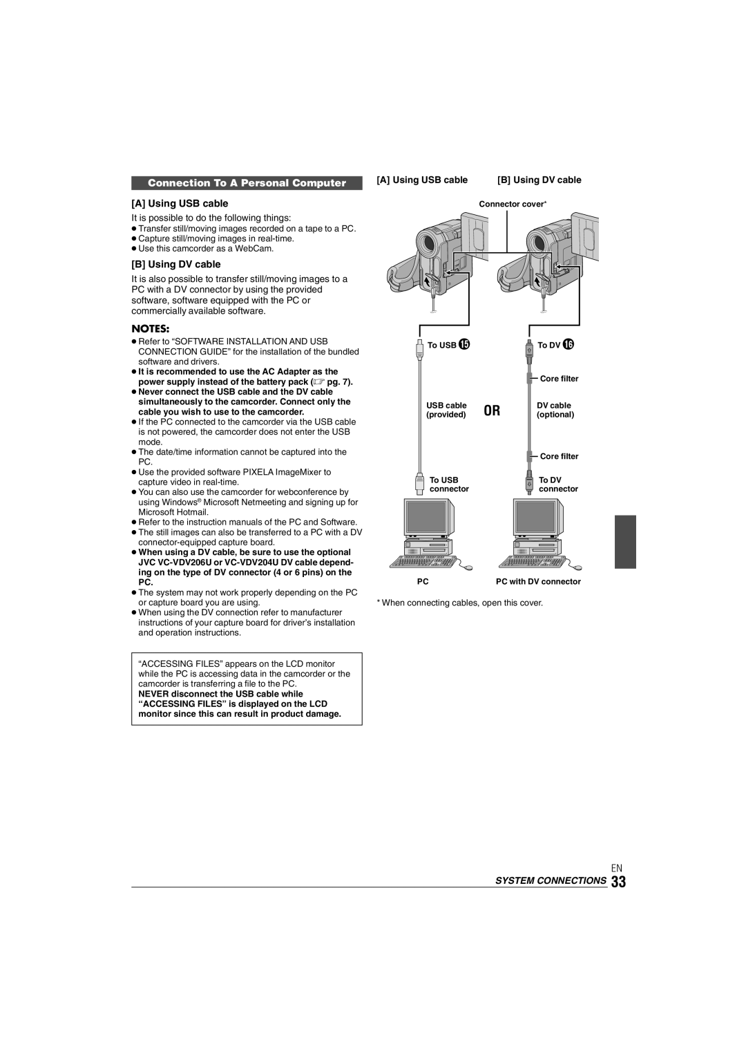 JVC GR-DX35 manual Connection To a Personal Computer, Using USB cable, Using DV cable, System Connections 