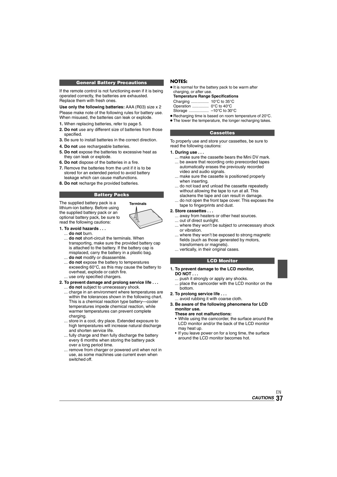 JVC GR-DX35 manual General Battery Precautions, Battery Packs, Cassettes, LCD Monitor 