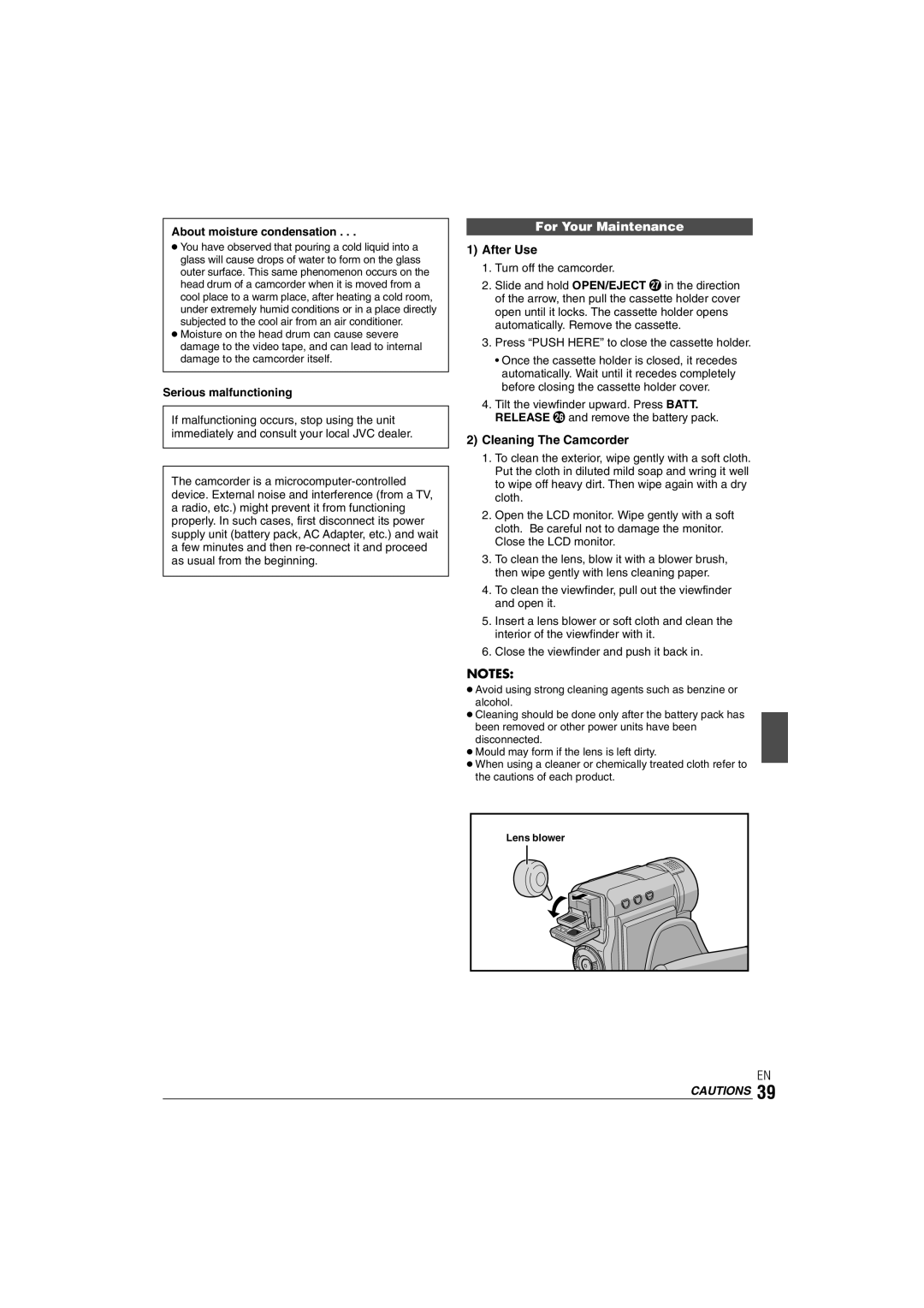 JVC GR-DX35 For Your Maintenance, After Use, Cleaning The Camcorder, About moisture condensation, Serious malfunctioning 