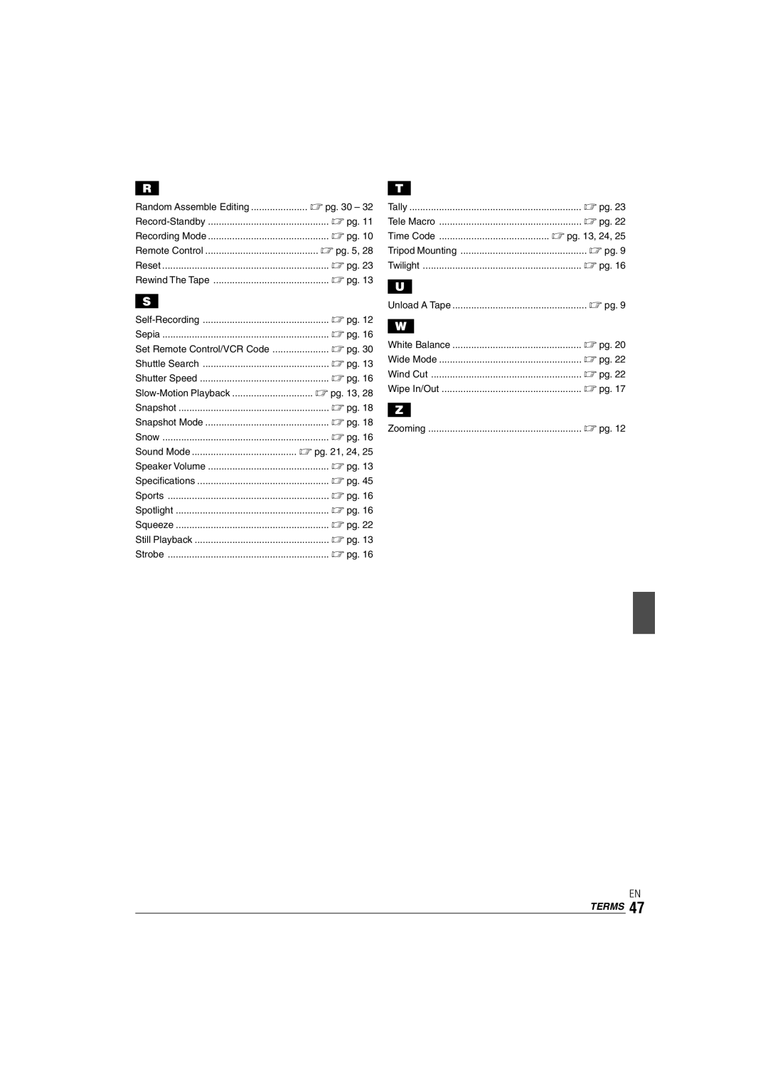 JVC GR-DX35 manual Self-Recording, Unload a Tape, White Balance, Zooming 