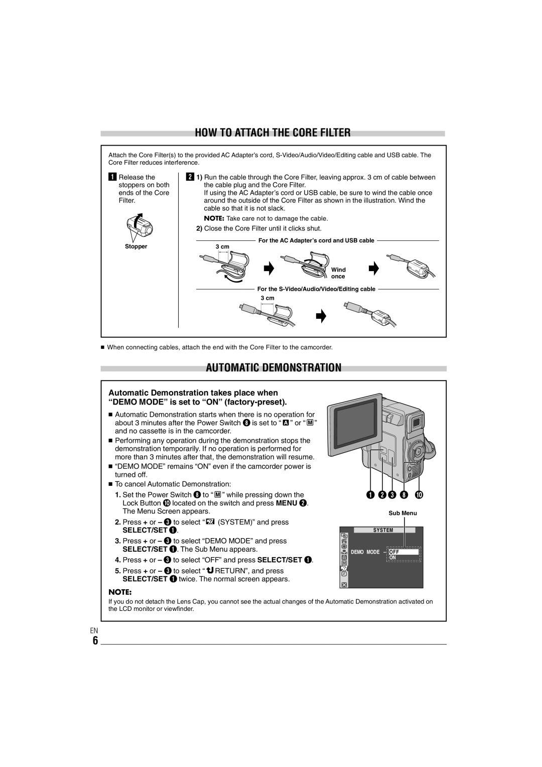 JVC GR-DX35 manual Release the stoppers on both ends of the Core Filter, Stopper, Sub Menu 