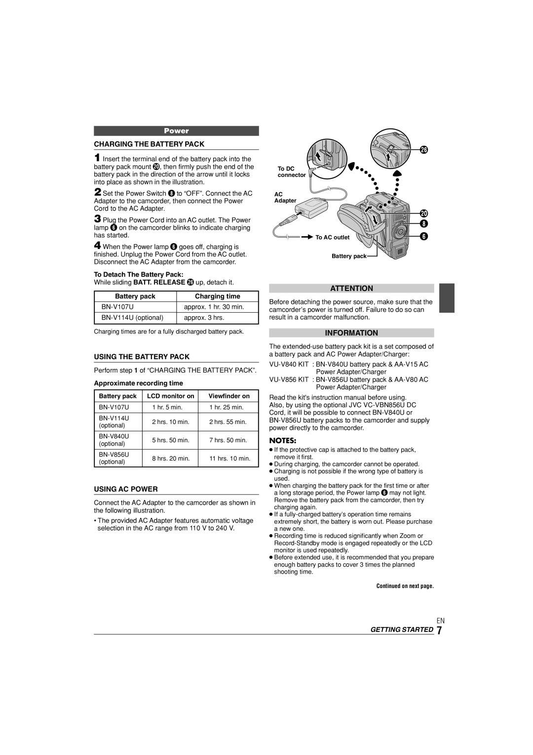 JVC GR-DX35 manual Charging the Battery Pack, Using the Battery Pack, Using AC Power, Information 