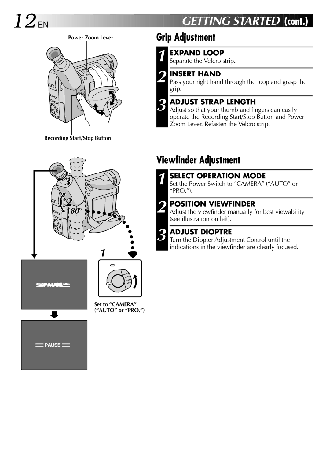 JVC GR-FX101 specifications 12 EN, Grip Adjustment, Viewfinder Adjustment 