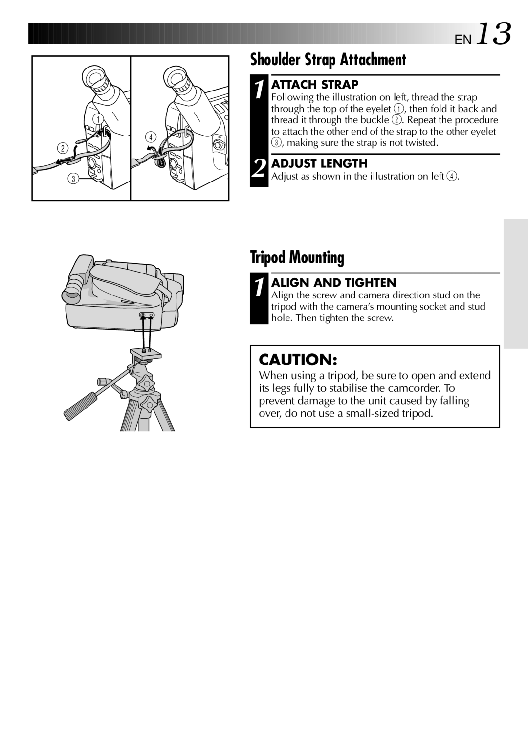 JVC GR-FX101 specifications Shoulder Strap Attachment, Tripod Mounting, Attach Strap, Adjust Length, Align and Tighten 