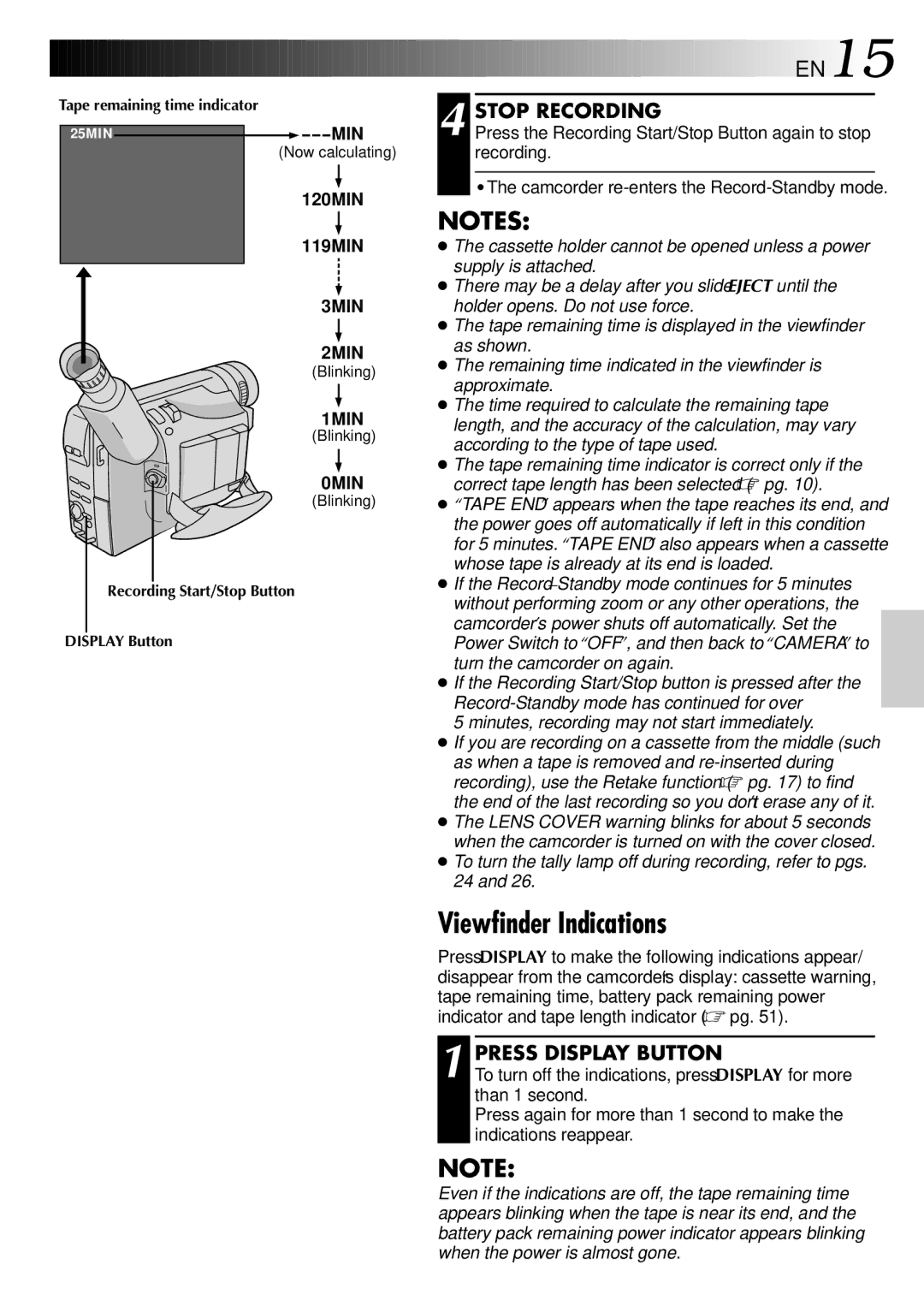 JVC GR-FX101 specifications Viewfinder Indications, Stop Recording, Press Display Button 