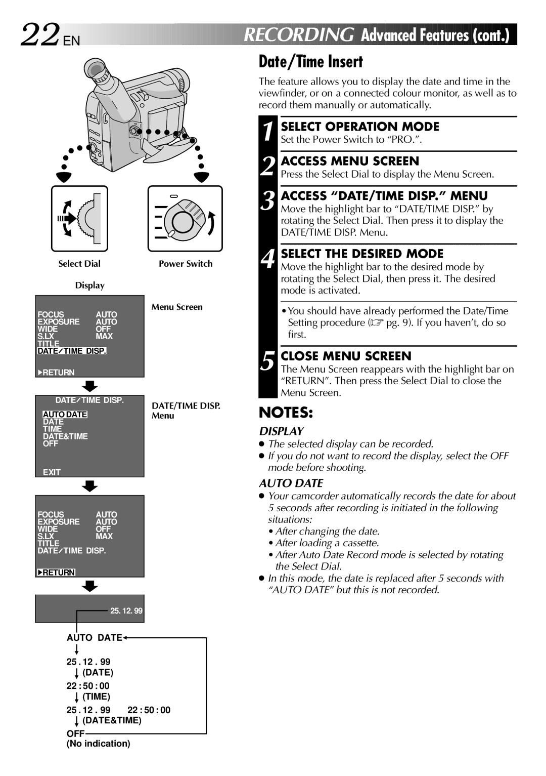 JVC GR-FX101 22 EN, Recording Advanced Features, Date/Time Insert, Access DATE/TIME DISP. Menu, Select the Desired Mode 