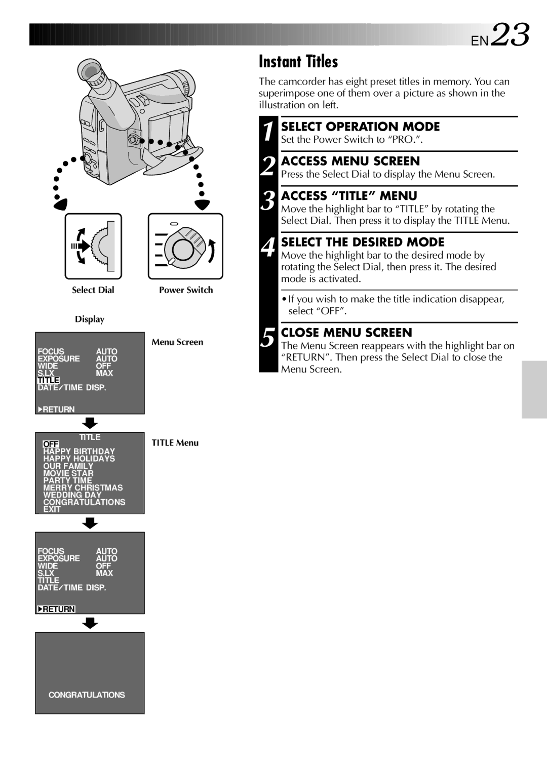 JVC GR-FX101 specifications Instant Titles, Access Title Menu 