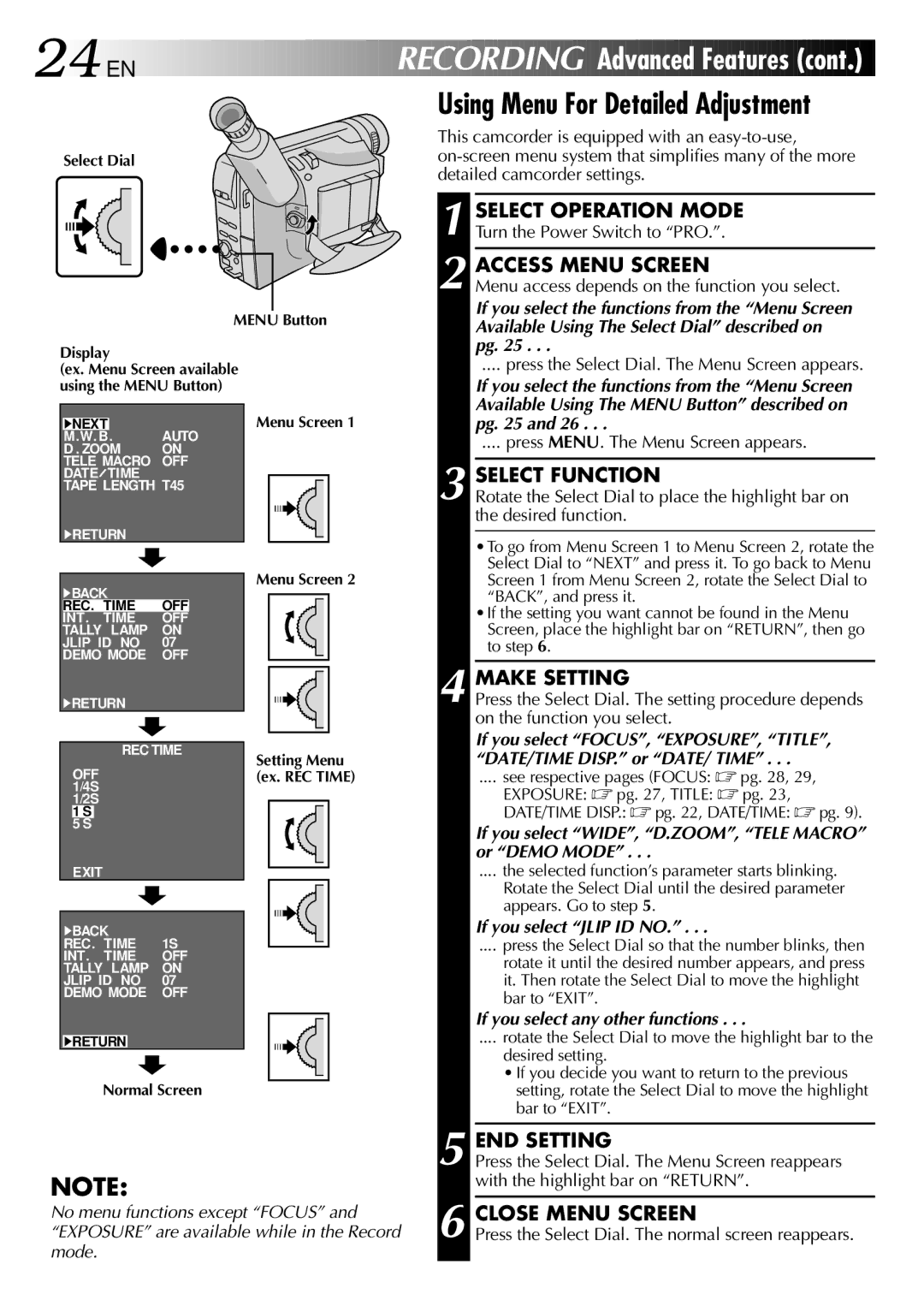 JVC GR-FX101 specifications 24 EN, Using Menu For Detailed Adjustment, Make Setting, END Setting 