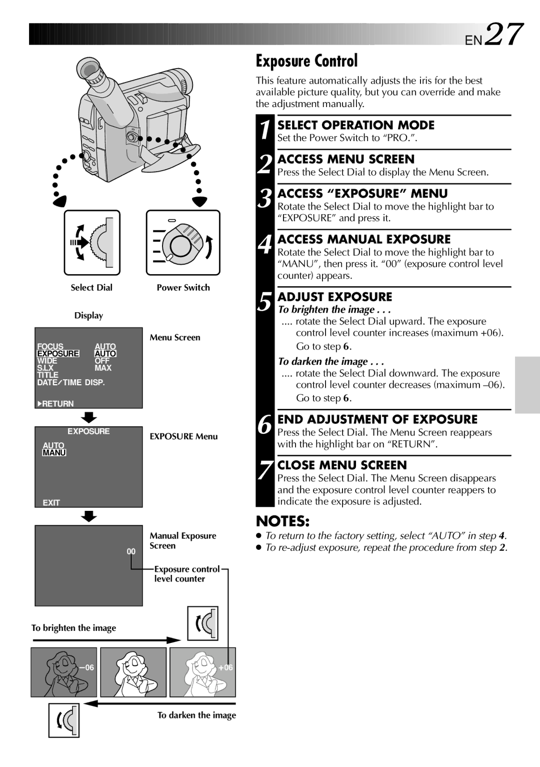 JVC GR-FX101 specifications Exposure Control, Access Exposure Menu, Access Manual Exposure 