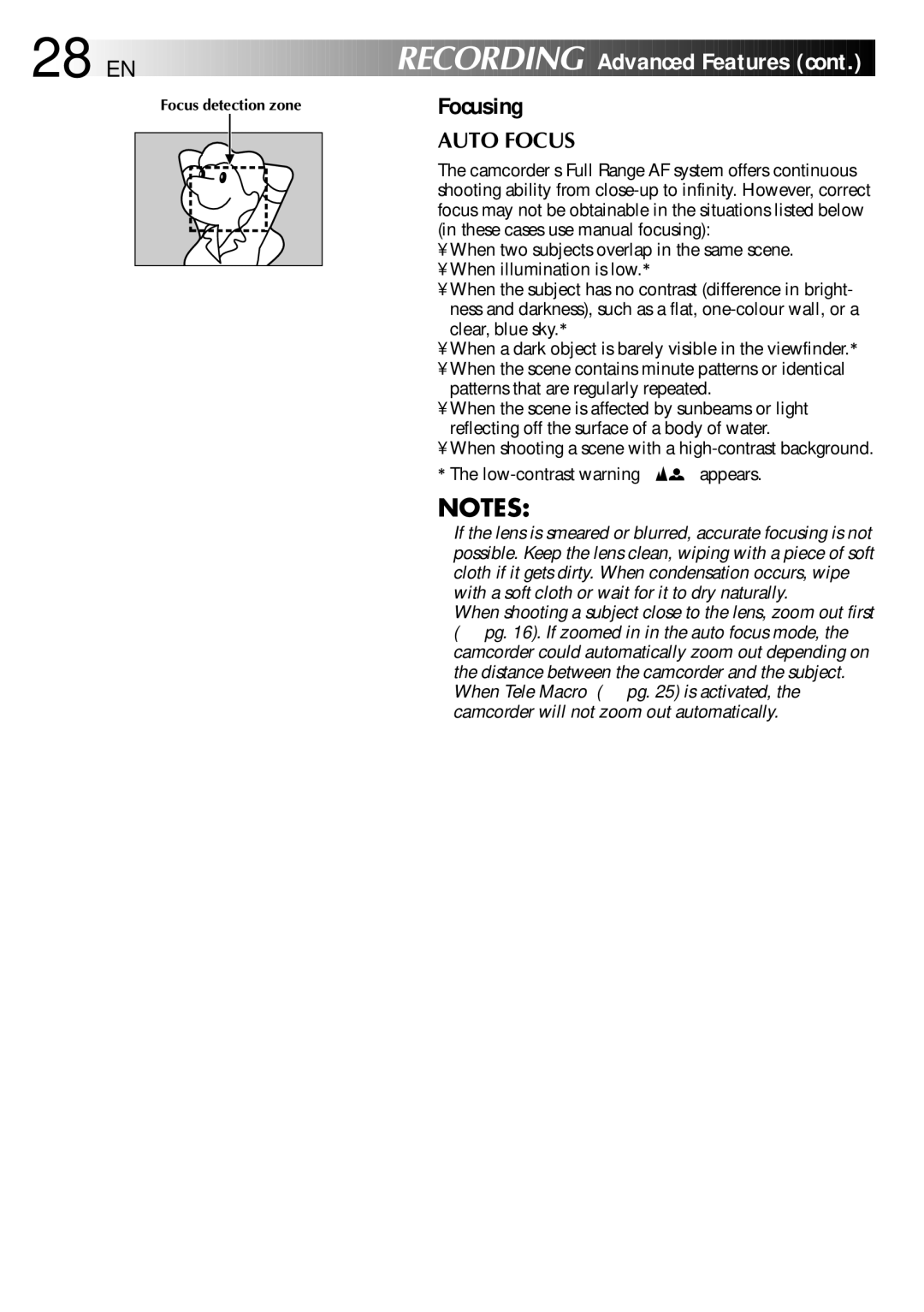 JVC GR-FX101 specifications 28 EN, Focusing, Auto Focus 