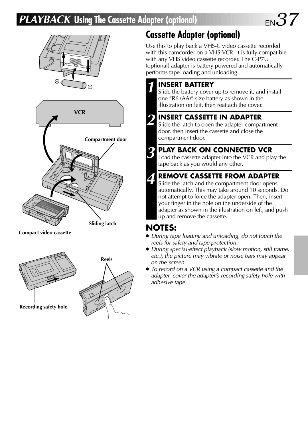 JVC GR-FX101 specifications Using The Cassette Adapter optional EN37, Insert Battery 