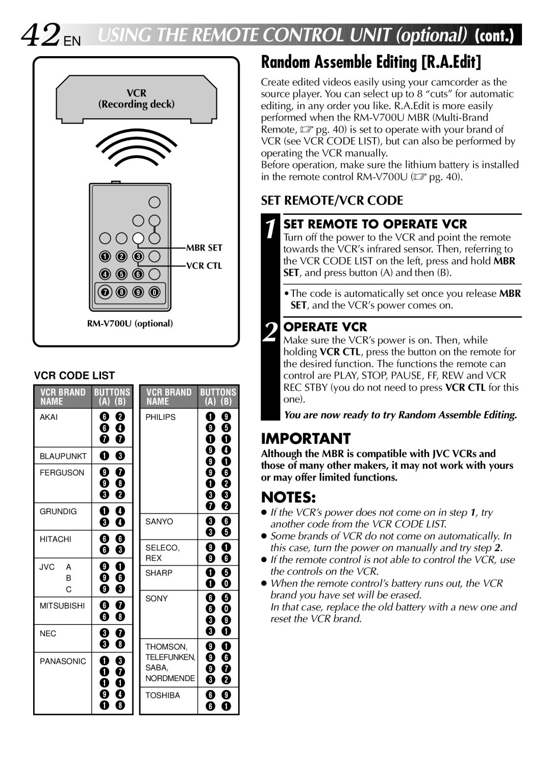 JVC GR-FX101 specifications 42 EN, Random Assemble Editing R.A.Edit, SET REMOTE/VCR Code, SET Remote to Operate VCR 