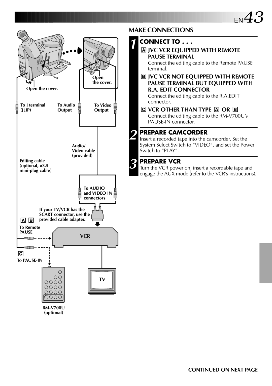 JVC GR-FX101 Make Connections, JVC VCR Equipped with Remote Pause Terminal, VCR Other than Type or, Prepare Camcorder 