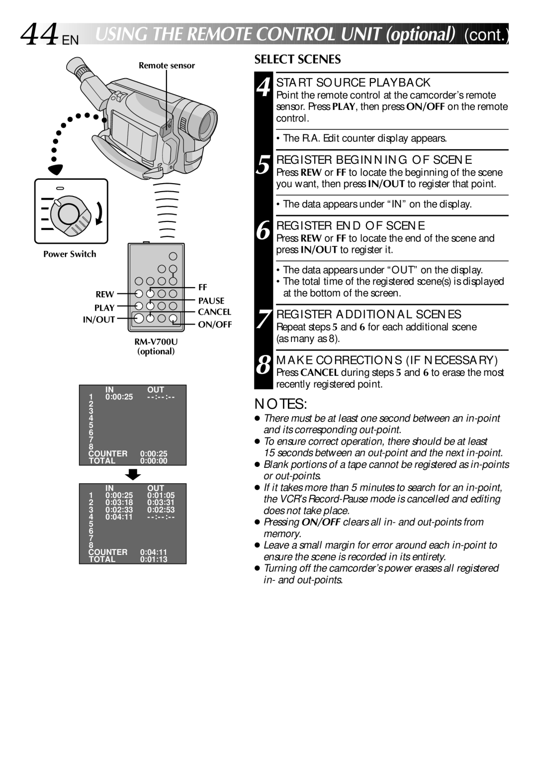 JVC GR-FX101 specifications 44 EN, Select Scenes, Start Source Playback, Register END of Scene 