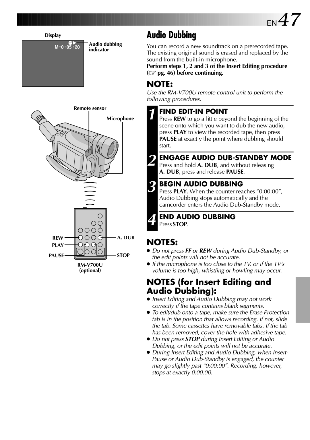 JVC GR-FX101 specifications Begin Audio Dubbing, END Audio Dubbing 