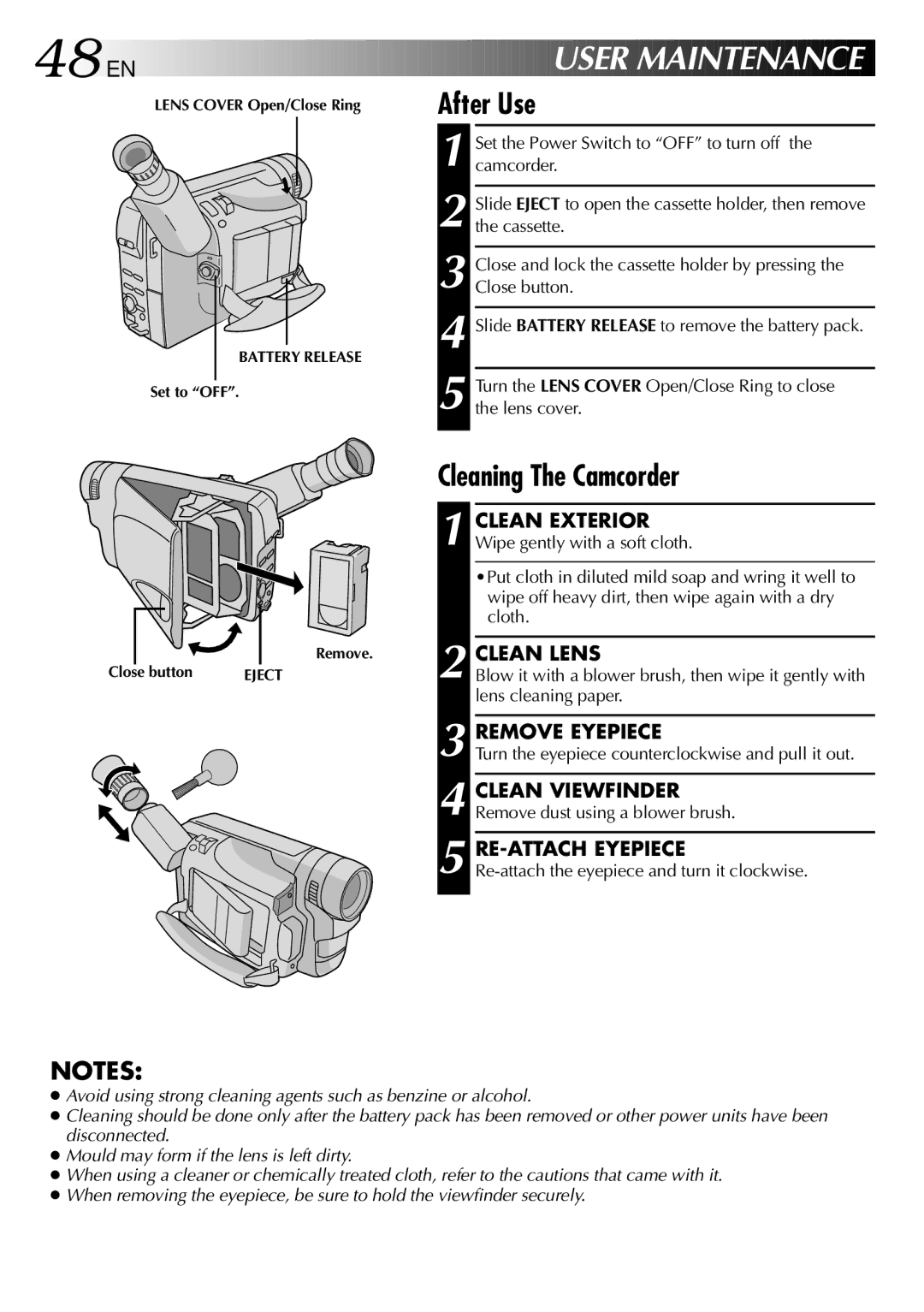 JVC GR-FX101 specifications 48 EN, After Use, Cleaning The Camcorder 