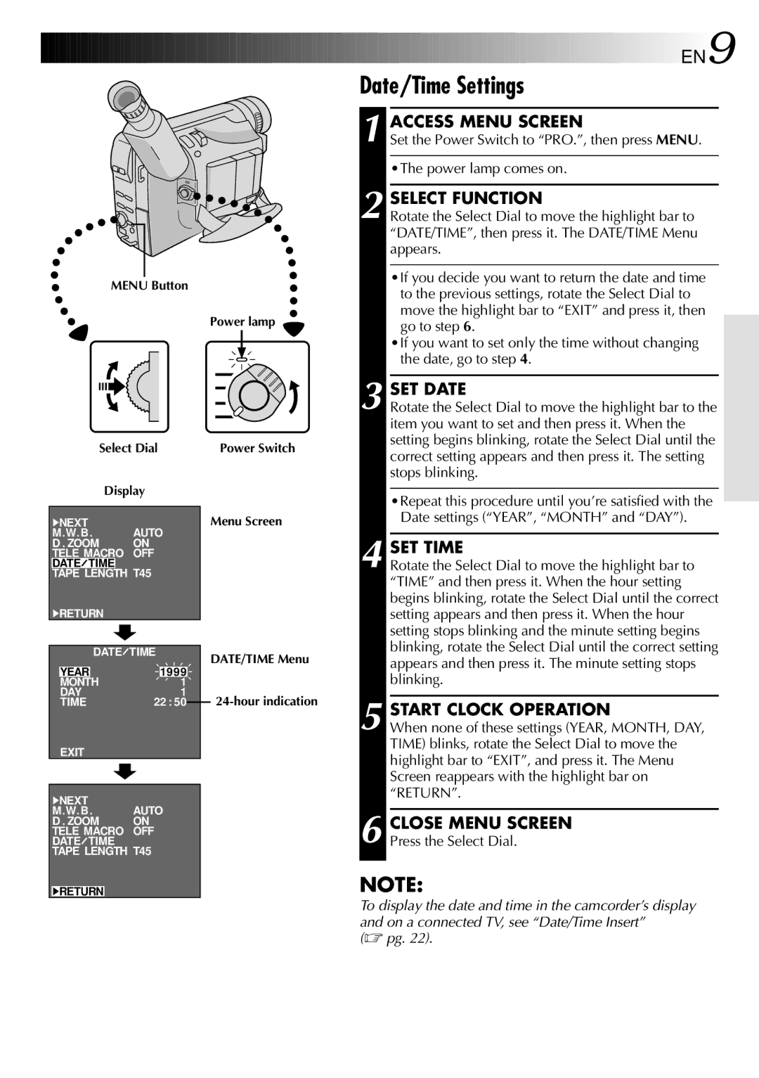 JVC GR-FX101 specifications Date/Time Settings 