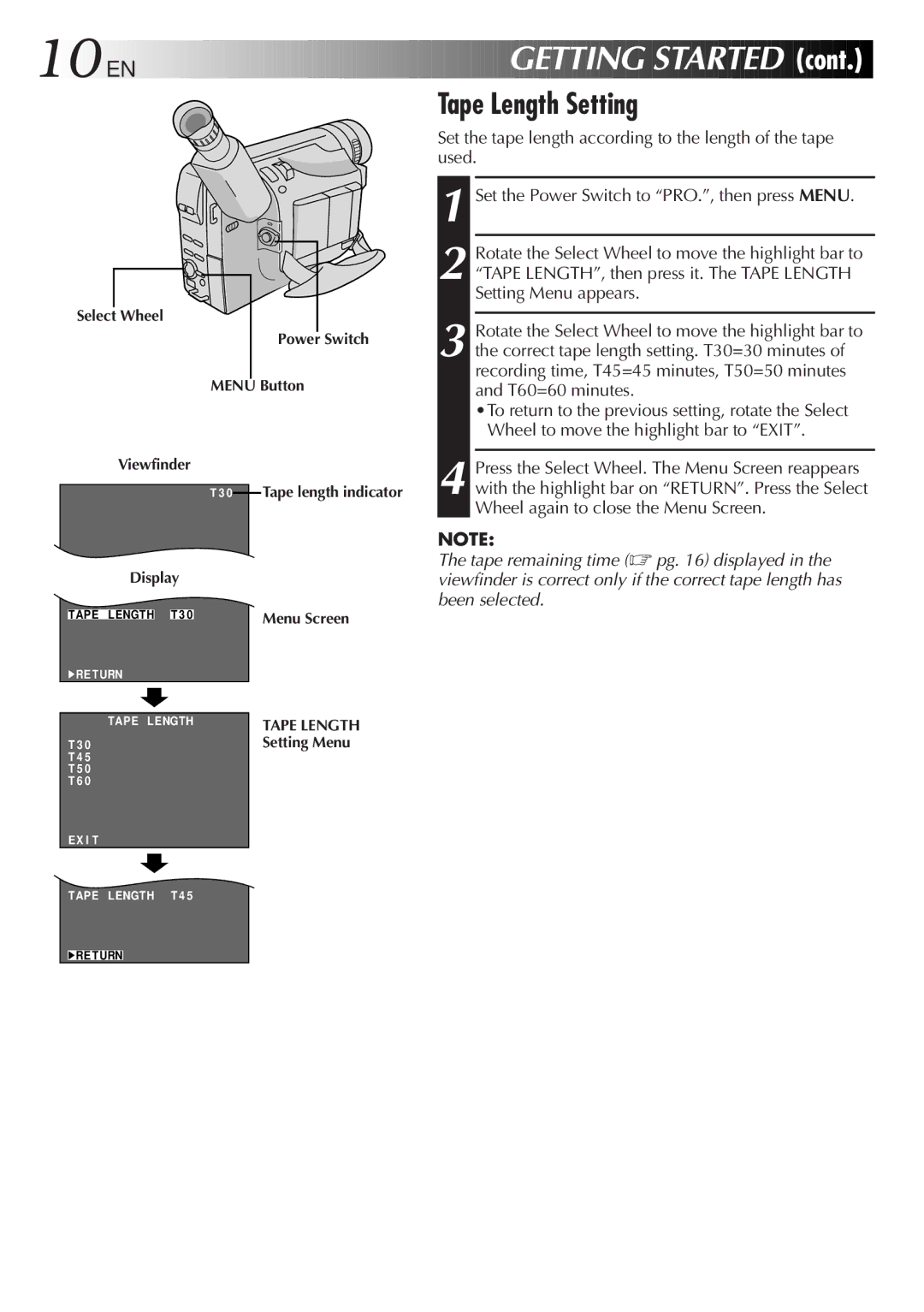 JVC GR-SXM46, GR-FX11, GR-SX41, GR-SXM26, GR-SX21, GR-FXM161 specifications EN Getting Started, Tape Length Setting 