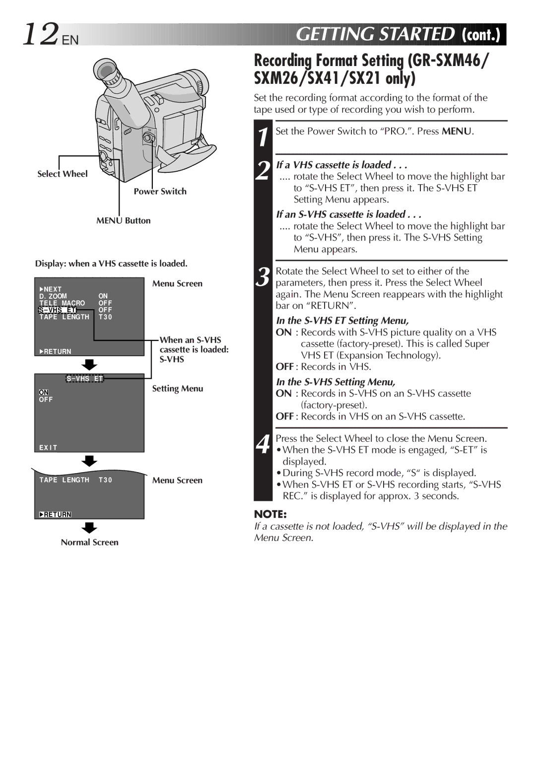 JVC GR-FXM16 12 EN, If a VHS cassette is loaded, If an S-VHS cassette is loaded, S-VHS ET Setting Menu, S-VHS Setting Menu 