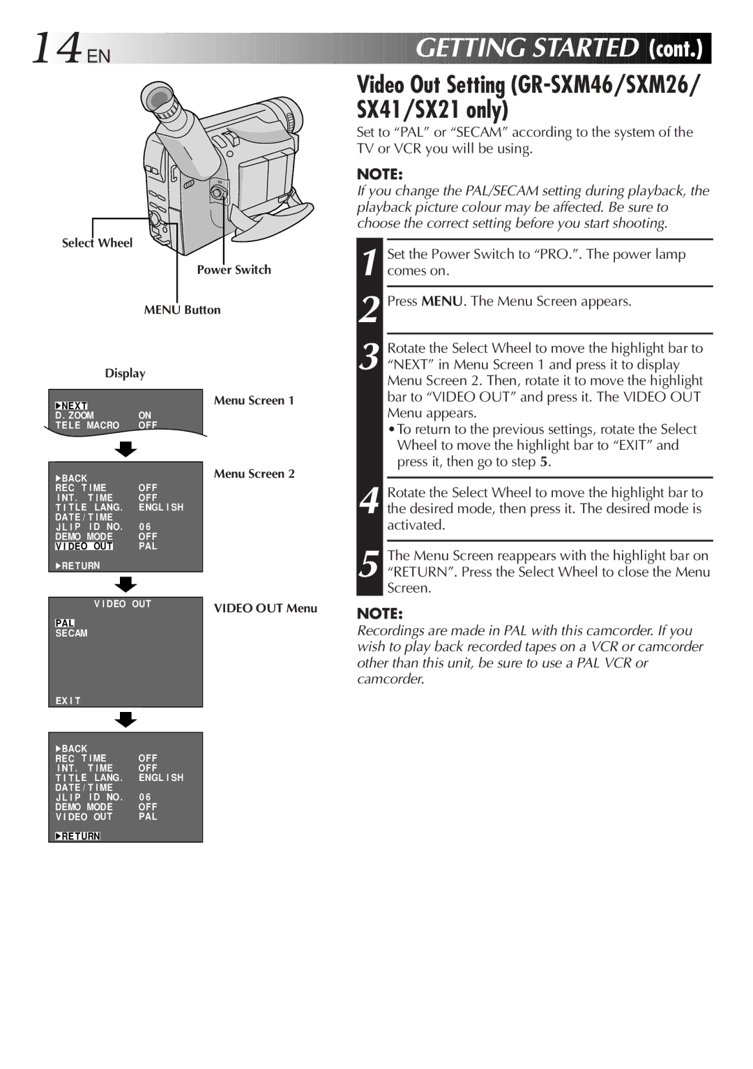 JVC GR-FX11, GR-SX41, GR-SXM26, GR-SX21, GR-FXM161 specifications 14 EN, Video Out Setting GR-SXM46/SXM26/ SX41/SX21 only 