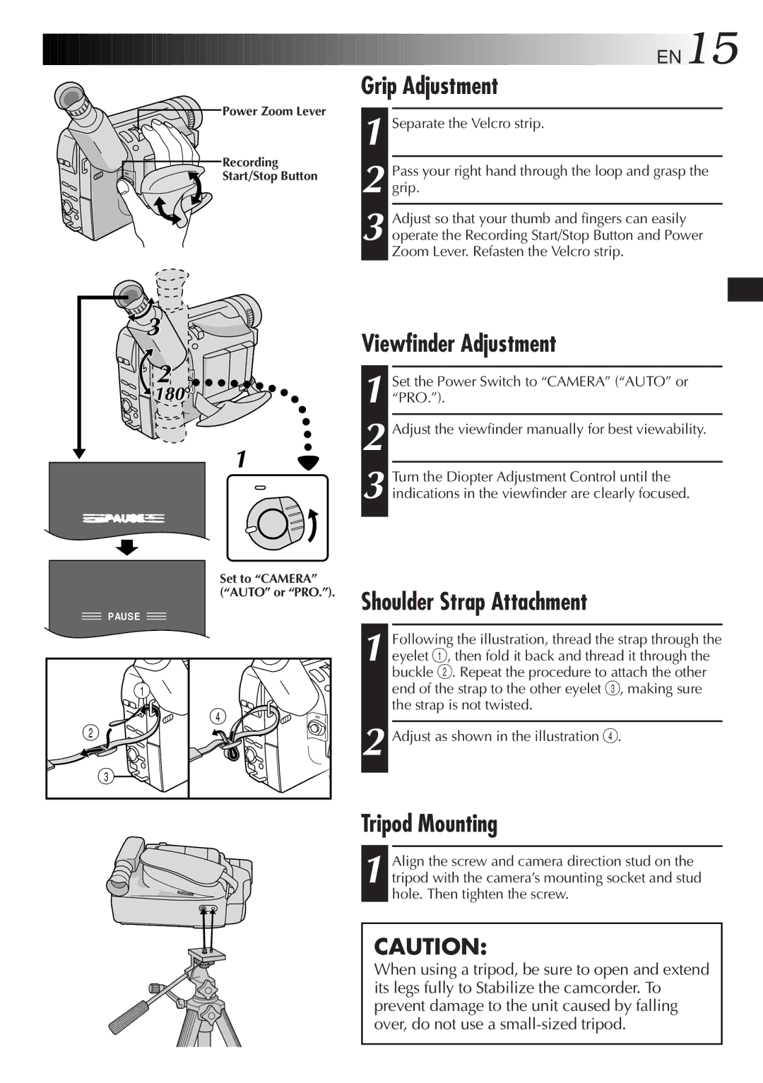 JVC GR-SX41, GR-FX11, GR-SXM26, GR-SXM46 Grip Adjustment, Viewfinder Adjustment, Shoulder Strap Attachment, Tripod Mounting 