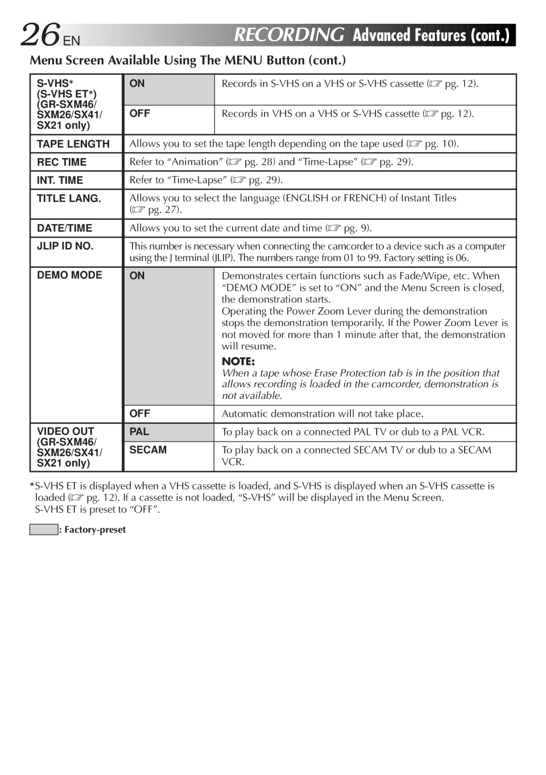 JVC GR-FX11, GR-SX41, GR-SXM26, GR-SXM46, GR-SX21, GR-FXM161 specifications 26 EN 