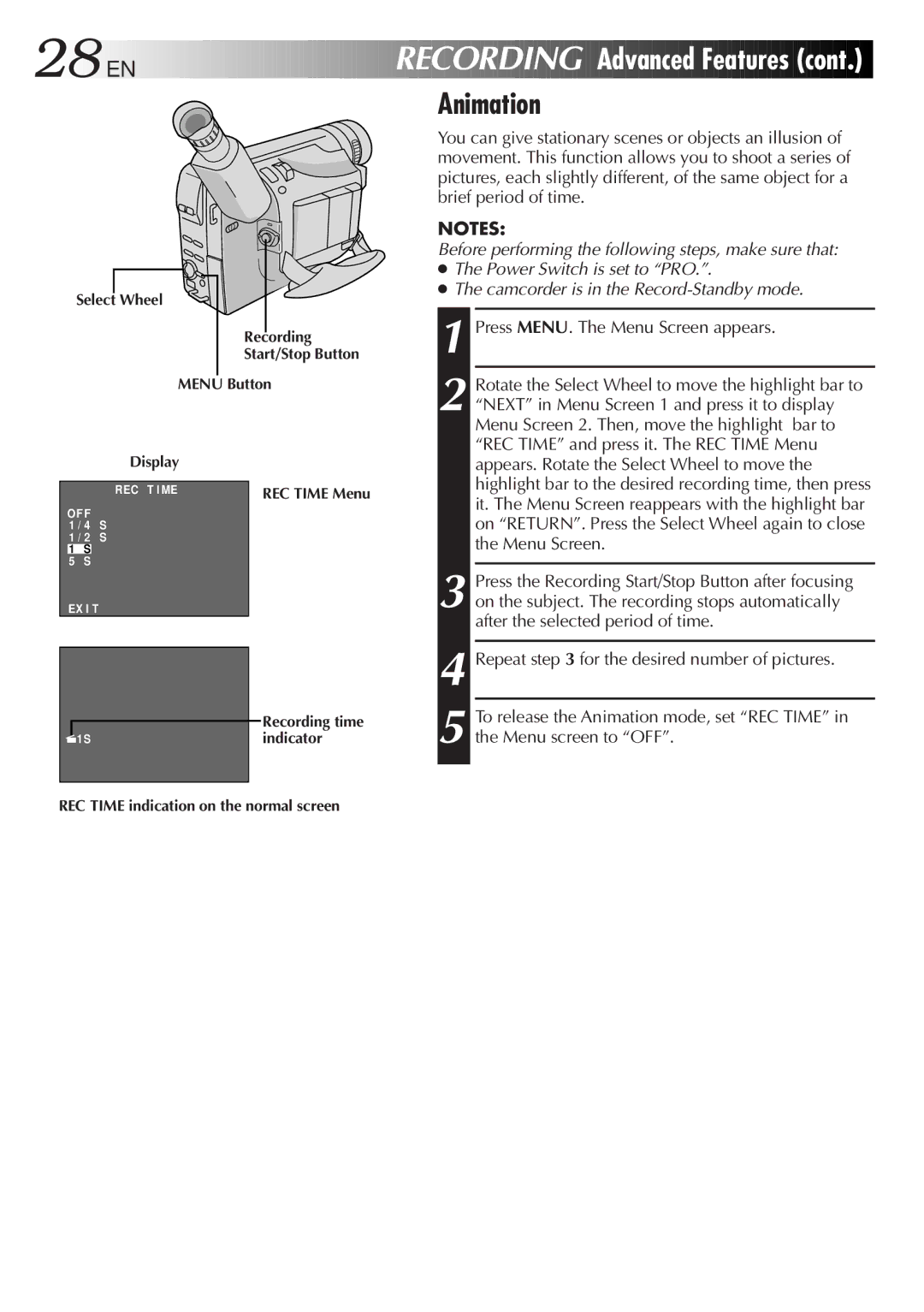 JVC GR-FX11, GR-SX41, GR-SXM26, GR-SXM46, GR-SX21, GR-FXM161 specifications 28 EN, Animation 