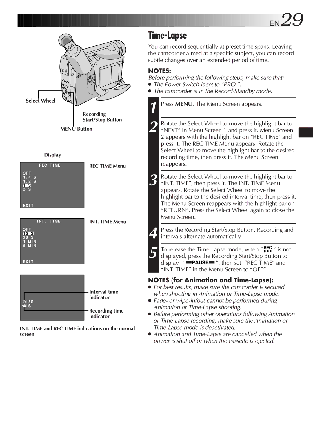 JVC GR-SX41, GR-FX11, GR-SXM26, GR-SXM46, GR-SX21, GR-FXM161 specifications Time-Lapse 