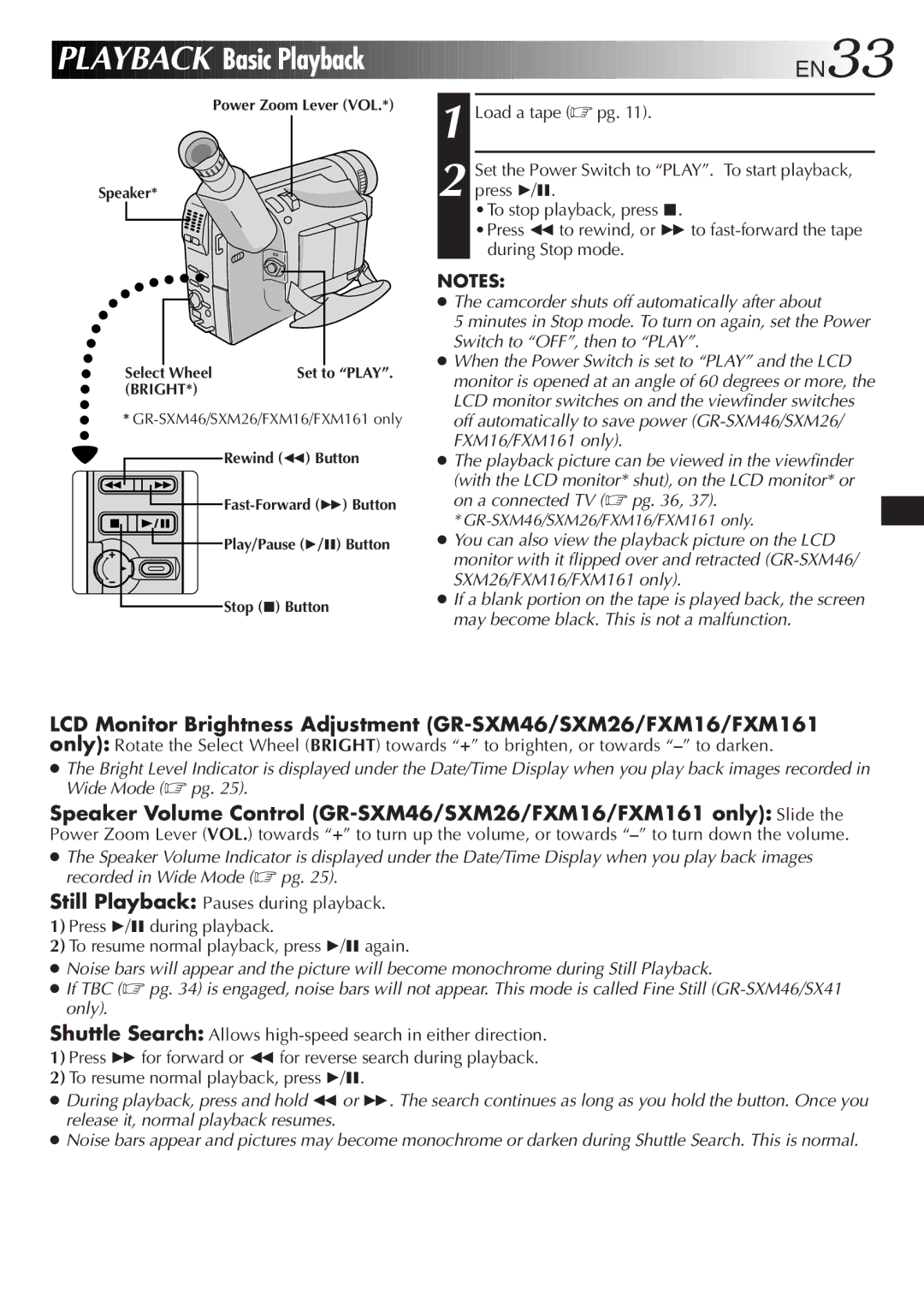 JVC GR-FX11, GR-SX41, GR-SXM26, GR-SXM46, GR-SX21, GR-FXM161 specifications Playback Basic Playback EN33, Bright 