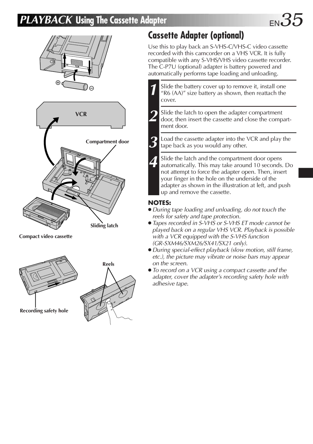 JVC GR-FX11, GR-SX41, GR-SXM26, GR-SXM46, GR-SX21, GR-FXM16 Using The Cassette Adapter EN35, Cassette Adapter optional 