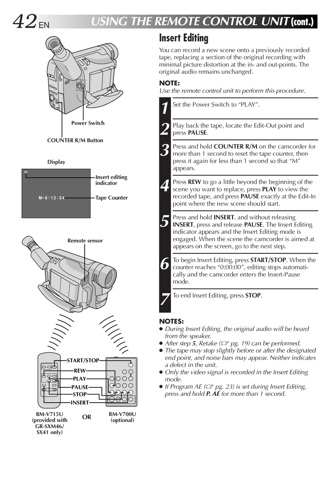 JVC GR-FX11, GR-SX41, GR-SXM26, GR-SXM46, GR-SX21, GR-FXM161 specifications 42 EN, Insert Editing 