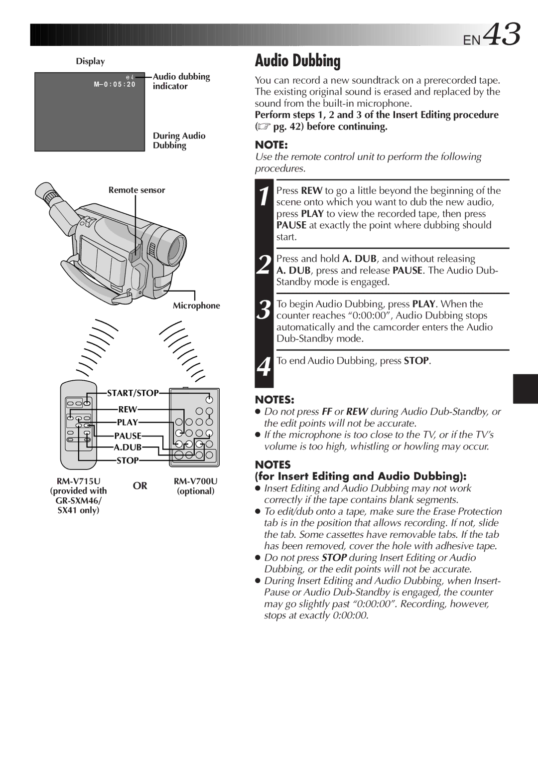 JVC GR-SX41, GR-FX11, GR-SXM26, GR-SXM46, GR-SX21, GR-FXM161 specifications For Insert Editing and Audio Dubbing 