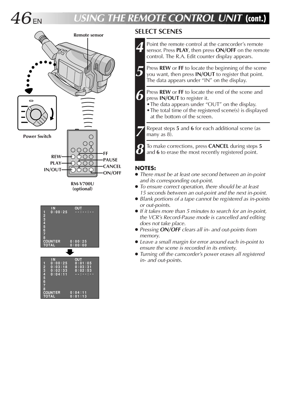 JVC GR-SX21, GR-FX11, GR-SX41, GR-SXM26, GR-SXM46, GR-FXM161 specifications 46 EN, Cont, Select Scenes 