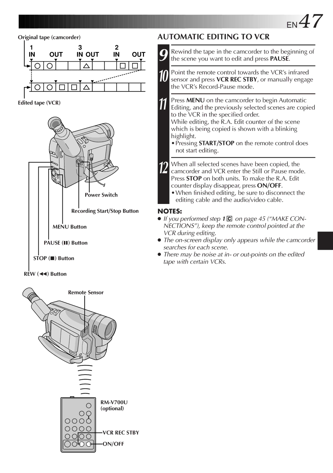 JVC GR-FXM16, GR-FX11, GR-SX41, GR-SXM26, GR-SXM46, GR-SX21 Automatic Editing to VCR, Editing cable and the audio/video cable 