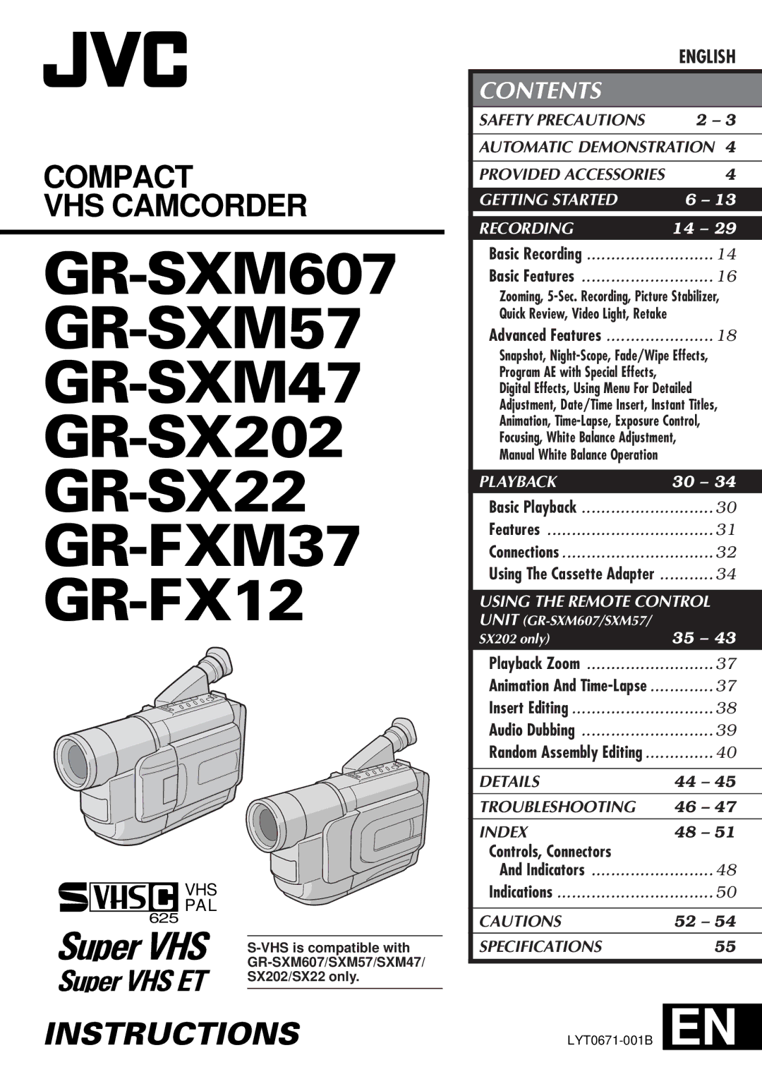 JVC GR-SX22, GR-FX12, GR-SX202, GR-SXM607, GR-SXM57, GR-FXM37 specifications Instructions 