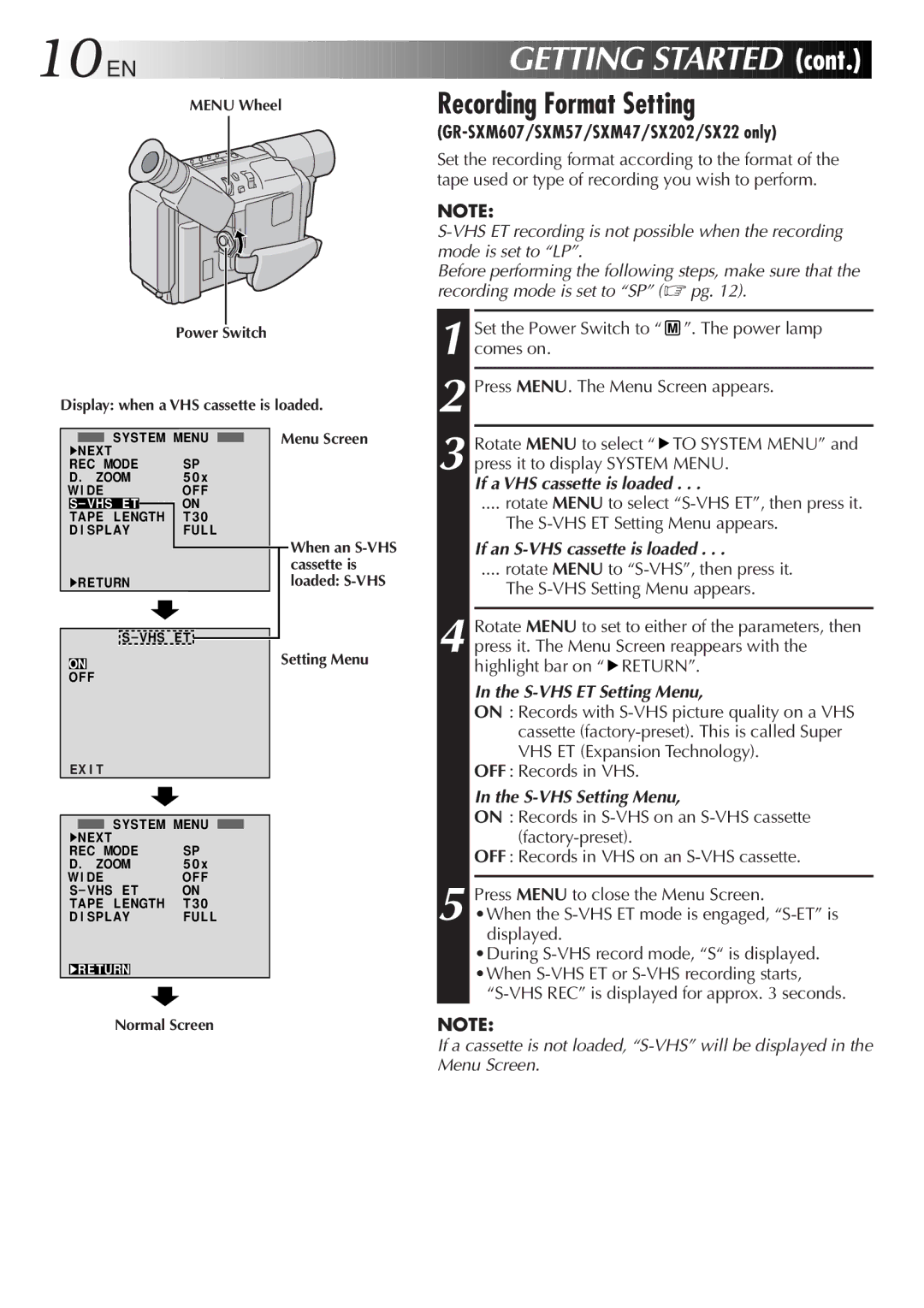 JVC GR-SXM57, GR-FX12, GR-SX22, GR-SX202, GR-SXM607, GR-FXM37 specifications 10 EN, Recording Format Setting 