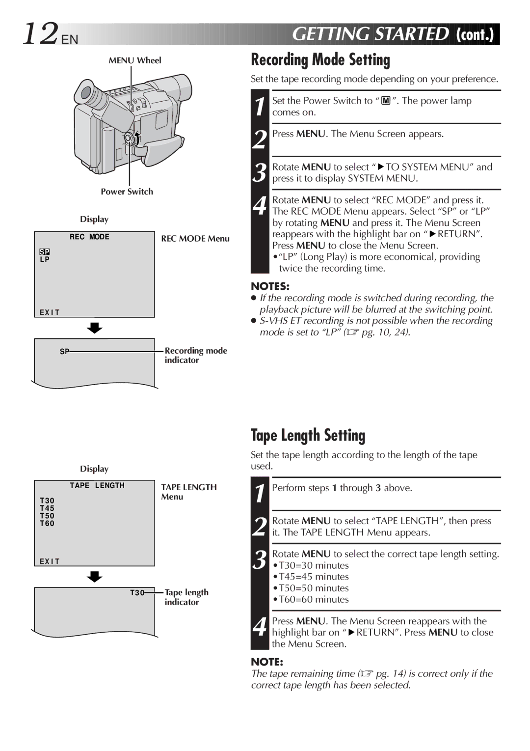 JVC GR-FX12, GR-SX22, GR-SX202, GR-SXM607, GR-SXM57, GR-FXM37 specifications Recording Mode Setting, Tape Length Setting 